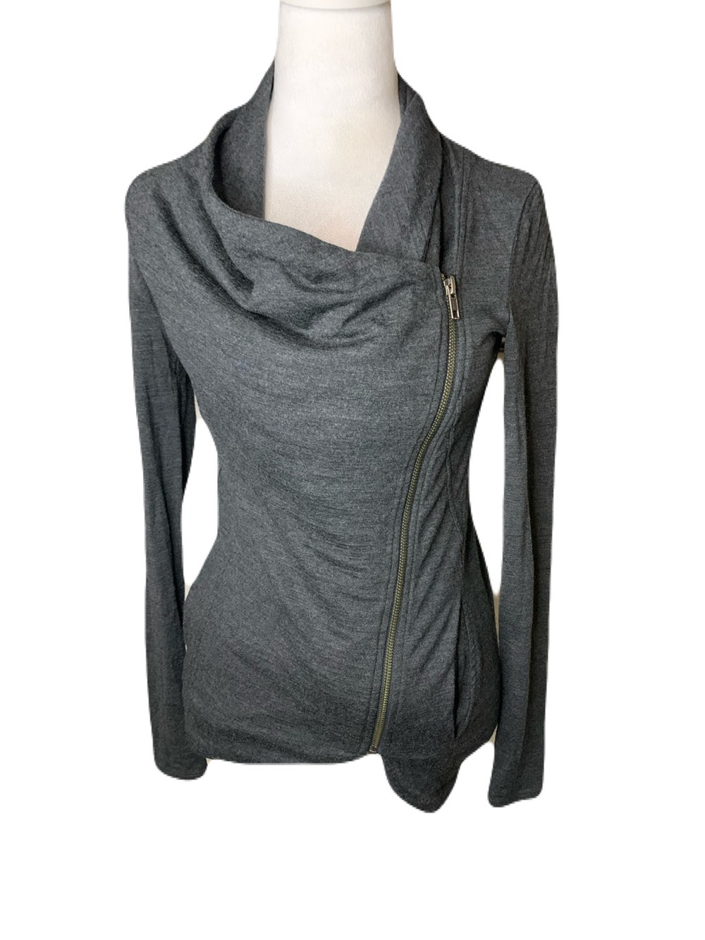 Helmut Lang Women’s P/XS Charcoal Gray Asymmetric Zip Cowl Wool Sweater Jacket